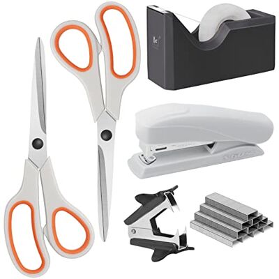Asdirne Office Supplies Kit, Basic Style, Including Scissors, Stapler, Staples, Remover, Tape Dispenser & Tape, White and Orange Asdirne Office Supplies Kit, Basic Style, Including Scissors, Stapler, Staples, Remover, Tape Dispenser & Tape, White and Orange