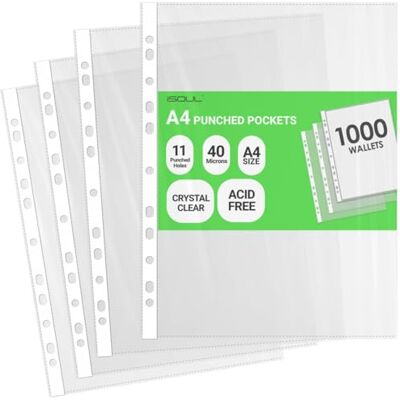 iSOUL A4 Plastic Value Punched Punch Pockets, 11 Hole Heavy Duty File Binder Pockets, 40 Micron Punched Pockets for Documents Folders Filling Plastic Wallets 1000 Sleeves iSOUL A4 Plastic Value Punched Punch Pockets, 11 Hole Heavy Duty File Binder Pockets, 40 Micron Punched Pockets for Documents Folders Filling Plastic Wallets 1000 Sleeves