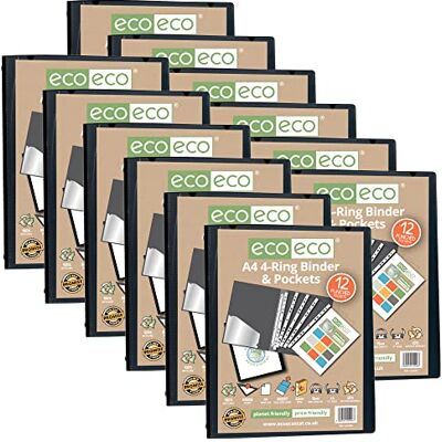 eco-eco A4 65% Recycled Presentation 4 O Ring Binder with 12 Multi Punched Pockets, 22mm Spine, Pack of 12 Black, eco046x12 eco-eco A4 65% Recycled Presentation 4 O Ring Binder with 12 Multi Punched Pockets, 22mm Spine, Pack of 12 Black, eco046x12