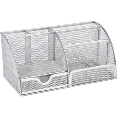 Osco Large Wiremesh Desk Organiser, Metal Mesh Pen Pot Desk Tidy with 7 Compartments & Single Drawer, Desktop Stationery Storage for Office & Home, Silver Osco Large Wiremesh Desk Organiser, Metal Mesh Pen Pot Desk Tidy with 7 Compartments & Single Drawer, Desktop Stationery Storage for Office & Home, Silver