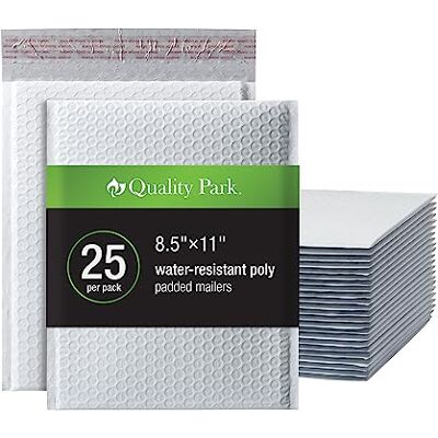 Quality Park Bubble Mailers, 8.5 x 11 Shipping Envelopes, Water Resistant White Poly Padded Envelopes, Redi-Strip Peel Off Closure, 25/Box (QUA85860) Quality Park Bubble Mailers, 8.5 x 11 Shipping Envelopes, Water Resistant White Poly Padded Envelopes, Redi-Strip Peel Off Closure, 25/Box (QUA85860)