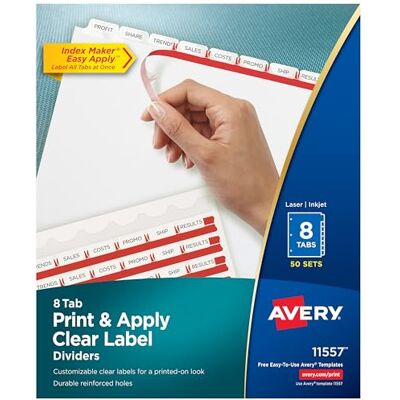 Avery 8-Tab Binder Dividers, Easy Print & Apply Clear Label Strip, Index Maker, White Tabs, 50 Sets (11557) Avery 8-Tab Binder Dividers, Easy Print & Apply Clear Label Strip, Index Maker, White Tabs, 50 Sets (11557)