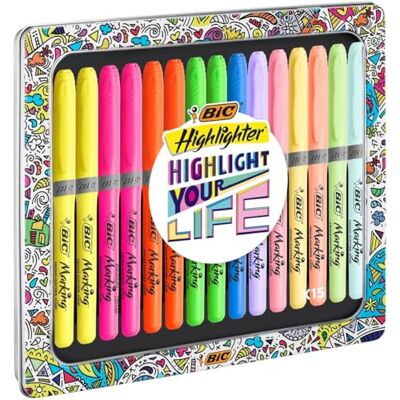 BIC Highlighter Collection Box, Assorted Intense and Pastel Colours, in Convenient Metal Gift Box, Pack of 15 BIC Highlighter Collection Box, Assorted Intense and Pastel Colours, in Convenient Metal Gift Box, Pack of 15