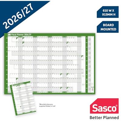 Sasco 2026/27 Fiscal Wall Planner – Board Mounted Year Calendar with Wet Wipe Pen & Stickers, 91.5x61cm, Green – April to March – 2026 Planner for Financial Year Planning in Offices Sasco 2026/27 Fiscal Wall Planner – Board Mounted Year Calendar with Wet Wipe Pen & Stickers, 91.5x61cm, Green – April to March – 2026 Planner for Financial Year Planning in Offices