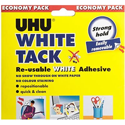 UHU white tack extra value economy pack one block white removable and permanent adhering on wood, cement, glass, metal, plastic and porcelain UHU white tack extra value economy pack one block white removable and permanent adhering on wood, cement, glass, metal, plastic and porcelain
