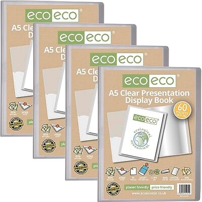 eco-eco stationery limited eco-eco A5 Size 50 Percent Recycled 60 Pocket Clear Presentation Display Book, Storage Case Portfolio Art Folder with Plastic Sleeves, Pack of 4, eco131x4 eco-eco stationery limited eco-eco A5 Size 50 Percent Recycled 60 Pocket Clear Presentation Display Book, Storage Case Portfolio Art Folder with Plastic Sleeves, Pack of 4, eco131x4