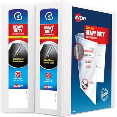 Avery Heavy-Duty View 3 Ring Binder, 3" One Touch Slant Rings, Holds 8.5" x 11" Paper, 2 White Binders (79791) Avery Heavy-Duty View 3 Ring Binder, 3" One Touch Slant Rings, Holds 8.5" x 11" Paper, 2 White Binders (79791)