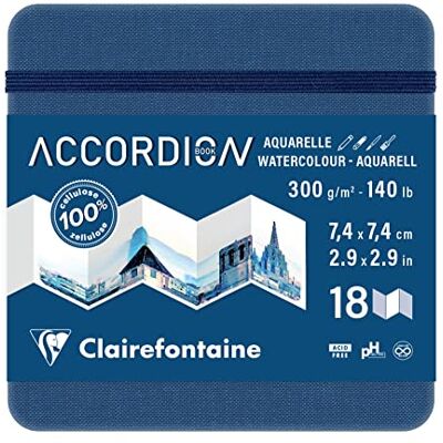 Clairefontaine 975968C Accordion Travel Journal 18 Pages of Medium-Fine Grain White Watercolour Paper 7.4x7.4 cm 300g Ideal for Globetrotting Artists Clairefontaine 975968C Accordion Travel Journal 18 Pages of Medium-Fine Grain White Watercolour Paper 7.4x7.4 cm 300g Ideal for Globetrotting Artists
