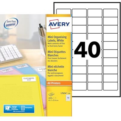 Avery Printable, Customisable Mini Organising Return Address Labels, Laser Printers, 40 Labels Per A4 Sheet, 4000 Labels, QuickPEEL (L7654), White,45.7 x 25.4mm Avery Printable, Customisable Mini Organising Return Address Labels, Laser Printers, 40 Labels Per A4 Sheet, 4000 Labels, QuickPEEL (L7654), White,45.7 x 25.4mm