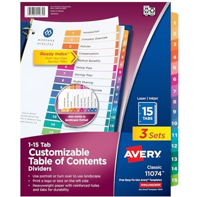 Avery 15 Tab Dividers for 3 Ring Binders, Customizable Table of Contents, Multicolor Tabs, 3 Sets (11074) Avery 15 Tab Dividers for 3 Ring Binders, Customizable Table of Contents, Multicolor Tabs, 3 Sets (11074)
