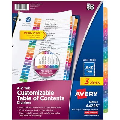 Avery A-Z Tab Dividers for 3 Ring Binders, Page Dividers, Binder Organizer, Customizable Table of Contents, Multicolor, 3 Sets (44225) Avery A-Z Tab Dividers for 3 Ring Binders, Page Dividers, Binder Organizer, Customizable Table of Contents, Multicolor, 3 Sets (44225)