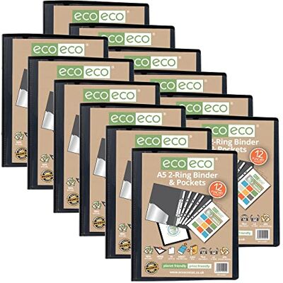 eco-eco A5 65% Recycled Presentation Ring Binder with 12 Multi Punched Pockets Black, Pack of 12, eco045x12 eco-eco A5 65% Recycled Presentation Ring Binder with 12 Multi Punched Pockets Black, Pack of 12, eco045x12