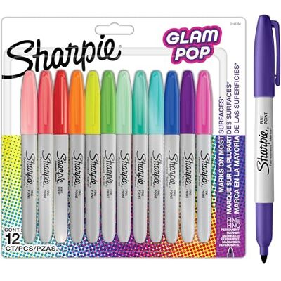 Sharpie Glam Pop Permanent Markers Fine Point for Bold Details Assorted Vibrant Colours 12 Marker Pens Sharpie Glam Pop Permanent Markers Fine Point for Bold Details Assorted Vibrant Colours 12 Marker Pens