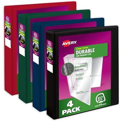 Avery Durable View 3 Ring Binders, 1.5 Inch Slant Rings, 375-Sheet Capacity, DuraHinge, 2.1 Inch Wide Spine, Customizable Clear Covers and Spine, Dark Colors (4-Pack of 05622) Avery Durable View 3 Ring Binders, 1.5 Inch Slant Rings, 375-Sheet Capacity, DuraHinge, 2.1 Inch Wide Spine, Customizable Clear Covers and Spine, Dark Colors (4-Pack of 05622)