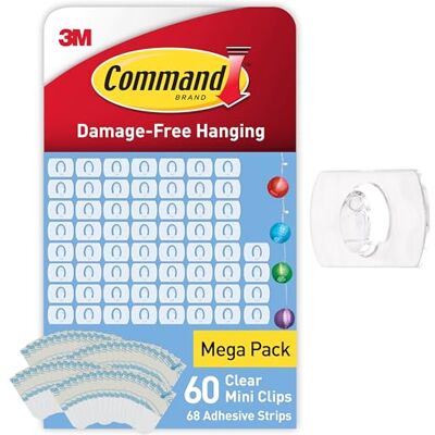 Command Outdoor Clips, 60 Mini Hooks, 68 Small Adhesive Strips, Transparent Mega Pack, Ideal for Hanging Decorations and Fairy Lights Outdoors, Damage Free Hanging, No Tools Required Command Outdoor Clips, 60 Mini Hooks, 68 Small Adhesive Strips, Transparent Mega Pack, Ideal for Hanging Decorations and Fairy Lights Outdoors, Damage Free Hanging, No Tools Required
