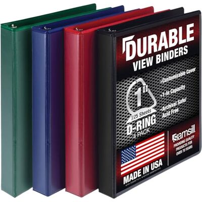 Samsill Durable 1 Inch Binder, Made in The USA, D Ring Binder, Customizable Clear View Cover, Basic Assortment, 4 Pack, Each Holds 225 Pages Samsill Durable 1 Inch Binder, Made in The USA, D Ring Binder, Customizable Clear View Cover, Basic Assortment, 4 Pack, Each Holds 225 Pages