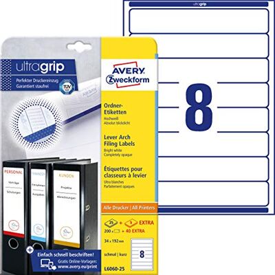 Avery L6060-25 Folder Labels for Narrow Folders Short e.g. for Elba Biella Mehle 192 x 34 mm 25 Sheets Avery L6060-25 Folder Labels for Narrow Folders Short e.g. for Elba Biella Mehle 192 x 34 mm 25 Sheets