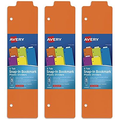 Avery Snap-in Plastic Bookmark Dividers for 3 Ring Binder, White Labels, 1 Assorted Color Set of 5 Tabs, 3 Packs, 15 Page Dividers Total (24908) Avery Snap-in Plastic Bookmark Dividers for 3 Ring Binder, White Labels, 1 Assorted Color Set of 5 Tabs, 3 Packs, 15 Page Dividers Total (24908)