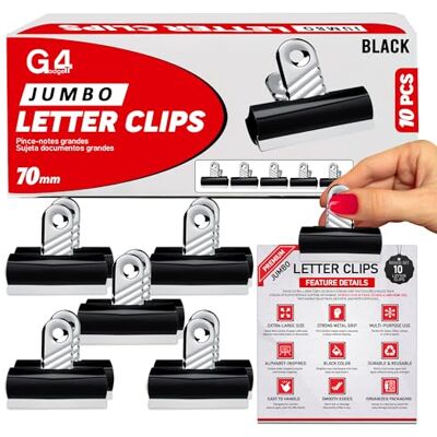 G4GADGET Pack of 10 Jumbo Black Bulldog Clips 70mm – Heavy-Duty Metal Binder Clips – Strong Grip Paper Clips for Office, School & Home – Ideal for Securing Documents & Files G4GADGET Pack of 10 Jumbo Black Bulldog Clips 70mm – Heavy-Duty Metal Binder Clips – Strong Grip Paper Clips for Office, School & Home – Ideal for Securing Documents & Files
