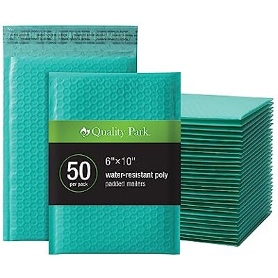 Quality Park Bubble Mailers, 6 x 9 Inch, Teal Poly Mailers, Padded Envelopes, Shipping Envelopes, Water Resistant, Self Seal, 50 Per Box (QUA85857) Quality Park Bubble Mailers, 6 x 9 Inch, Teal Poly Mailers, Padded Envelopes, Shipping Envelopes, Water Resistant, Self Seal, 50 Per Box (QUA85857)