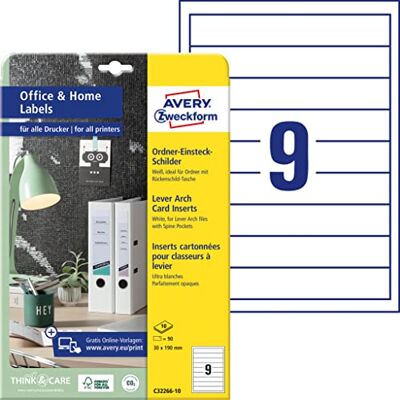 Avery C32266-10 Folder Spine Inserts (90 Spine Labels, 30 x 190 mm on A4, Printable Spine Labels for Insert, Micro-Perforation, Ideal for HomeOffice) 10 Sheets White Avery C32266-10 Folder Spine Inserts (90 Spine Labels, 30 x 190 mm on A4, Printable Spine Labels for Insert, Micro-Perforation, Ideal for HomeOffice) 10 Sheets White