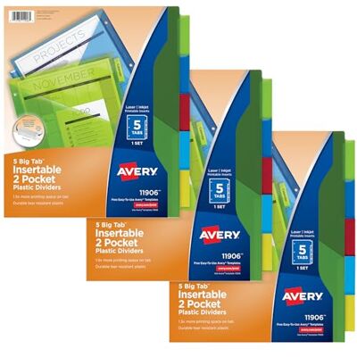 Avery Dividers for 3 Ring Binders, 5-Tab Binder Dividers, Two-Pocket Plastic Binder Dividers, Insertable Big Tabs, Multicolor, 3 Sets (71906) Avery Dividers for 3 Ring Binders, 5-Tab Binder Dividers, Two-Pocket Plastic Binder Dividers, Insertable Big Tabs, Multicolor, 3 Sets (71906)