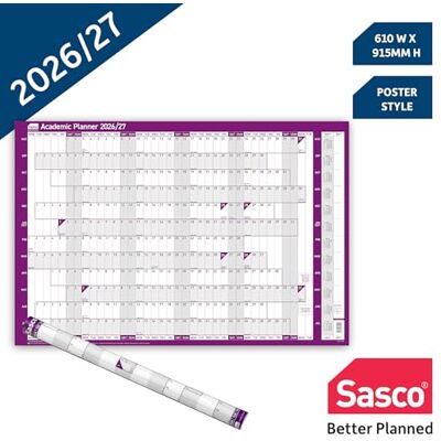 Sasco 2026/27 Academic Year Wall Planner – Poster Style Calendar with Wet Wipe Pen & Stickers, 91.5x61cm, Purple – 2026 Calendar UK & ROI Holidays Marked – Designed for Teachers and Students Sasco 2026/27 Academic Year Wall Planner – Poster Style Calendar with Wet Wipe Pen & Stickers, 91.5x61cm, Purple – 2026 Calendar UK & ROI Holidays Marked – Designed for Teachers and Students