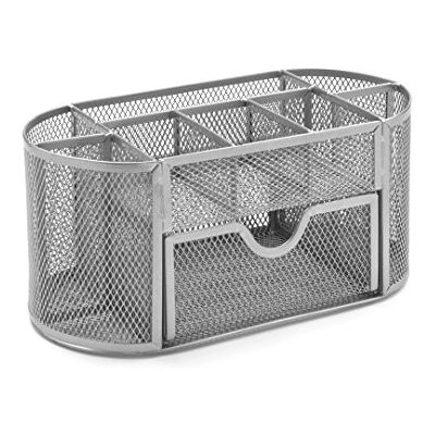 Osco Wiremesh Desk Organiser with Drawer, 8-Compartment Metal Desk Tidy and Pen Holder for Home, Office or Study, Stores Rulers, Scissors and Smartphone, Silver Osco Wiremesh Desk Organiser with Drawer, 8-Compartment Metal Desk Tidy and Pen Holder for Home, Office or Study, Stores Rulers, Scissors and Smartphone, Silver