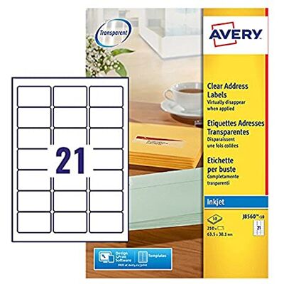 Avery Clear, Transparent, Printable, Address Labels, 63.5 x 38.1 mm, Clear, See-Through 21 Labels per Sheet, 210 Blank Labels per Pack (J8560-10) Avery Clear, Transparent, Printable, Address Labels, 63.5 x 38.1 mm, Clear, See-Through 21 Labels per Sheet, 210 Blank Labels per Pack (J8560-10)