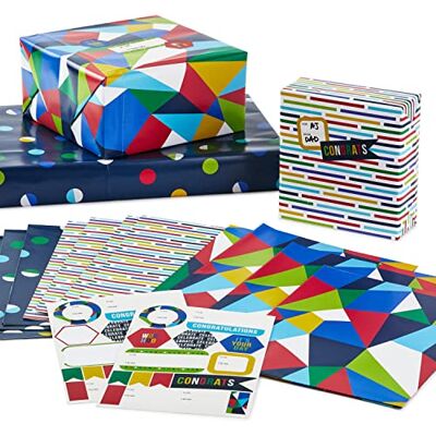 Hallmark Flat Wrapping Paper Sheets with Cutlines on Reverse (12 Folded Sheets with Sticker Seals) Red, Blue, Green, Yellow Geometric, Stripes, Dots for Birthdays, Father's Day, Graduation Hallmark Flat Wrapping Paper Sheets with Cutlines on Reverse (12 Folded Sheets with Sticker Seals) Red, Blue, Green, Yellow Geometric, Stripes, Dots for Birthdays, Father's Day, Graduation