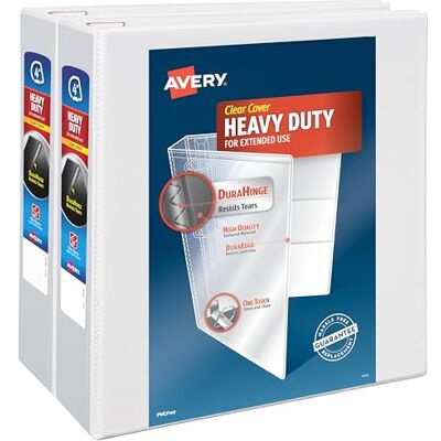 Avery Heavy Duty View 3 Ring Binder, 4" One Touch Slant Ring, Holds 8.5" x 11" Paper, 2 White Binders (79875) Avery Heavy Duty View 3 Ring Binder, 4" One Touch Slant Ring, Holds 8.5" x 11" Paper, 2 White Binders (79875)