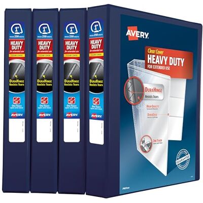 Avery Heavy Duty View 3 Ring Binder, 1" One Touch Slant Ring, Holds 8.5" x 11" Paper, 4 Navy Blue Binders (79869) Avery Heavy Duty View 3 Ring Binder, 1" One Touch Slant Ring, Holds 8.5" x 11" Paper, 4 Navy Blue Binders (79869)