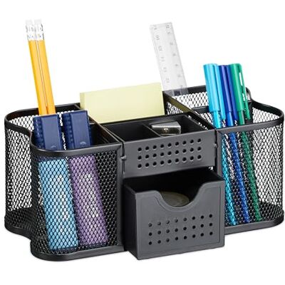 Relaxdays Mesh Desk Organiser, Pen Holder & Drawer, Pen Pot, Pen Holder, Steel, HBT 10 x 23.5 x 11.5 cm, Black Relaxdays Mesh Desk Organiser, Pen Holder & Drawer, Pen Pot, Pen Holder, Steel, HBT 10 x 23.5 x 11.5 cm, Black