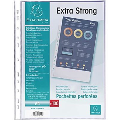 Exacompta Ref 59110E Premium Grained PP Punched Pockets Suitable for A4 Documents, 80 Micron Polypropylene, Reinforced Left Strip, Top Opening Pack of 100 Exacompta Ref 59110E Premium Grained PP Punched Pockets Suitable for A4 Documents, 80 Micron Polypropylene, Reinforced Left Strip, Top Opening Pack of 100