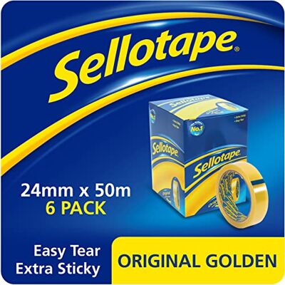 Sellotape Original Golden, Multi-Purpose Clear Tape for Household Objects, Clear Packing Tape for Sticking Envelopes or Cards, Easy to Use Packaging Tape, 24mm x 50m, Pack of 6 Sellotape Original Golden, Multi-Purpose Clear Tape for Household Objects, Clear Packing Tape for Sticking Envelopes or Cards, Easy to Use Packaging Tape, 24mm x 50m, Pack of 6