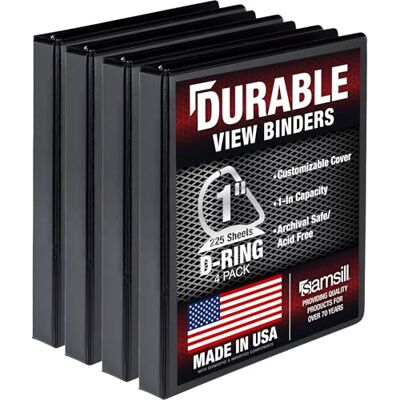 Samsill Durable 1 Inch Binder, Made in The USA, D Ring Binder, Customizable Clear View Cover, Black, 4 Pack, Each Holds 225 Pages Samsill Durable 1 Inch Binder, Made in The USA, D Ring Binder, Customizable Clear View Cover, Black, 4 Pack, Each Holds 225 Pages