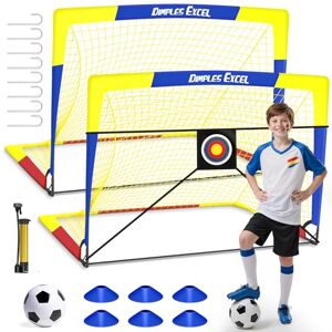Dimples Excel Pop-Up Football Goal Set – 4x3FT 2 Goals Blue & Yellow Foldable Garden Nets with Ball, Pump, Target & Cones Great Gift for Football Fans Dimples Excel Pop-Up Football Goal Set – 4x3FT 2 Goals Blue & Yellow Foldable Garden Nets with Ball, Pump, Target & Cones Great Gift for Football Fans