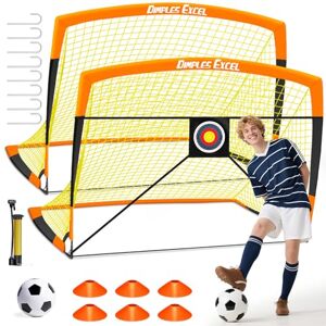 Dimples Excel Pop-Up Football Goal Set – 7x5FT 2 Goals Black & Orange Foldable Garden Nets with Ball, Pump, Target & Cones Great Gift for Football Fans Dimples Excel Pop-Up Football Goal Set – 7x5FT 2 Goals Black & Orange Foldable Garden Nets with Ball, Pump, Target & Cones Great Gift for Football Fans