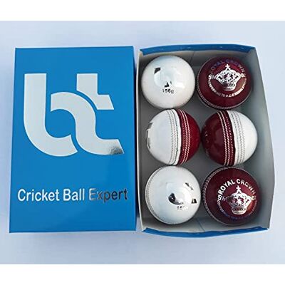 BT White/Red Cricket Ball Pack of 6, 156g Genuine Leather 2-Piece Hard Balls, Bat-Friendly for Training, Practice and Match Play BT White/Red Cricket Ball Pack of 6, 156g Genuine Leather 2-Piece Hard Balls, Bat-Friendly for Training, Practice and Match Play