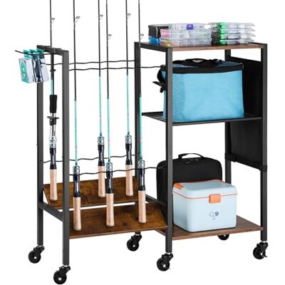 VEVOR Fishing Rod Holder for 12-Rods, Mobile Fishing Pole Rack Cart with Wheels, Fish Gear Equipment Organizer for Garage Home Indoor Use, for Tackle Box Reel Accessories Storage, Gifts for Men VEVOR Fishing Rod Holder for 12-Rods, Mobile Fishing Pole Rack Cart with Wheels, Fish Gear Equipment Organizer for Garage Home Indoor Use, for Tackle Box Reel Accessories Storage, Gifts for Men