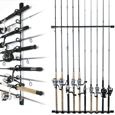 Rush Creek Creations 10-Rod Wall or Ceiling Fishing Rod Storage Rack, Vertical or Horizontal Fishing Rod Holder with 10 Rod Capacity, Silver and Black Rush Creek Creations 10-Rod Wall or Ceiling Fishing Rod Storage Rack, Vertical or Horizontal Fishing Rod Holder with 10 Rod Capacity, Silver and Black