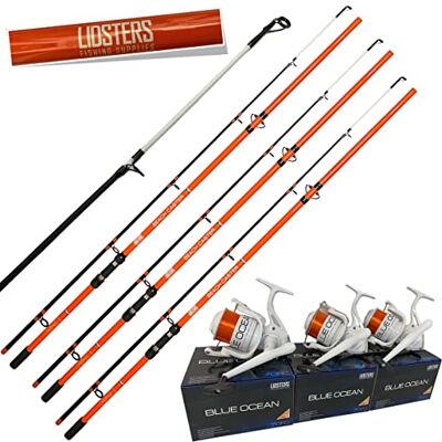Lidsters Fishing Supplies 3 x LFS Beachcaster Sea Fishing Rod 12ft 3pc + 3 LFS Blue Ocean 70 Reel Orange Lidsters Fishing Supplies 3 x LFS Beachcaster Sea Fishing Rod 12ft 3pc + 3 LFS Blue Ocean 70 Reel Orange