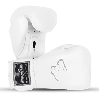 BRAVOSE Elite Pro Strap Boxing Gloves Professional Leather Boxing Gloves for Punching Training, Sparring, MMA Kickboxing, Muay Thai Made By Premium Cow Hide Leather (White Grey, 16 Oz) BRAVOSE Elite Pro Strap Boxing Gloves Professional Leather Boxing Gloves for Punching Training, Sparring, MMA Kickboxing, Muay Thai Made By Premium Cow Hide Leather (White Grey, 16 Oz)