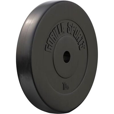 GORILLA SPORTS barbell weight set, single unit. Made of plastic, weight of disk: 1.25-15 kg, bore size: 30 mm-31 mm, 10 KG GORILLA SPORTS barbell weight set, single unit. Made of plastic, weight of disk: 1.25-15 kg, bore size: 30 mm-31 mm, 10 KG