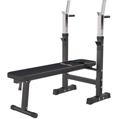 GORILLA SPORTS ® Foldable Weight Bench with 5-Level Barbell Rack 30° incline or flat bench with padded faux leather cushion, stable foot caps and adjustable dip station for home gym training GORILLA SPORTS ® Foldable Weight Bench with 5-Level Barbell Rack 30° incline or flat bench with padded faux leather cushion, stable foot caps and adjustable dip station for home gym training