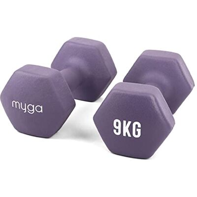 Myga Hex Dumbbells Pair of Neoprene & Cast Iron Hexagonal Dumbbell Hand Weights for Women and Men at Home & Gym Weight: 9 kg Myga Hex Dumbbells Pair of Neoprene & Cast Iron Hexagonal Dumbbell Hand Weights for Women and Men at Home & Gym Weight: 9 kg