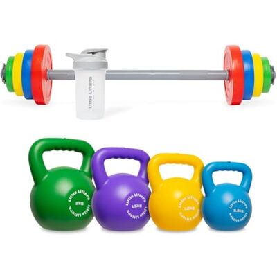 Little Lifters Kids Weight Gym Toys Water Fill Barbell & Kettlebell Set Adjustable water-fill barbell, kettlebells and bottle for active pretend play, family workouts and fun for ages 3+ Little Lifters Kids Weight Gym Toys Water Fill Barbell & Kettlebell Set Adjustable water-fill barbell, kettlebells and bottle for active pretend play, family workouts and fun for ages 3+