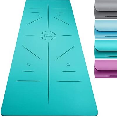 Balance Rubber Yoga Mat with Asana Alignment Lines Extra Wide Non Slip with Roll Strap (Teal) Balance Rubber Yoga Mat with Asana Alignment Lines Extra Wide Non Slip with Roll Strap (Teal)