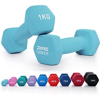 Balance Neoprene Hex Dumbbells, Pair, 1kg, Light Blue Balance Neoprene Hex Dumbbells, Pair, 1kg, Light Blue