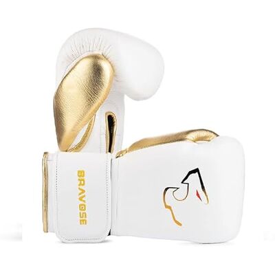 BRAVOSE Elite Pro Strap Boxing Gloves Professional Leather Boxing Gloves for Punching Training, Sparring, MMA Kickboxing, Muay Thai Made By Premium Cow Hide Leather (White Gold, 10 Oz) BRAVOSE Elite Pro Strap Boxing Gloves Professional Leather Boxing Gloves for Punching Training, Sparring, MMA Kickboxing, Muay Thai Made By Premium Cow Hide Leather (White Gold, 10 Oz)